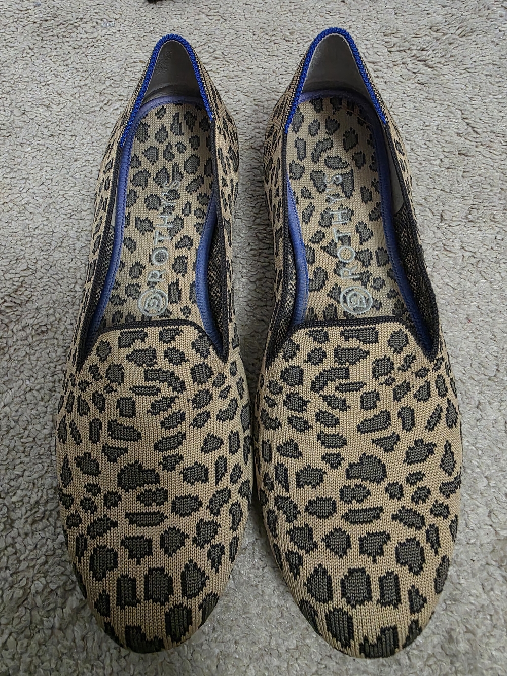 Rothy's Leopard Print Flats in Tan and Black with Blue Trim